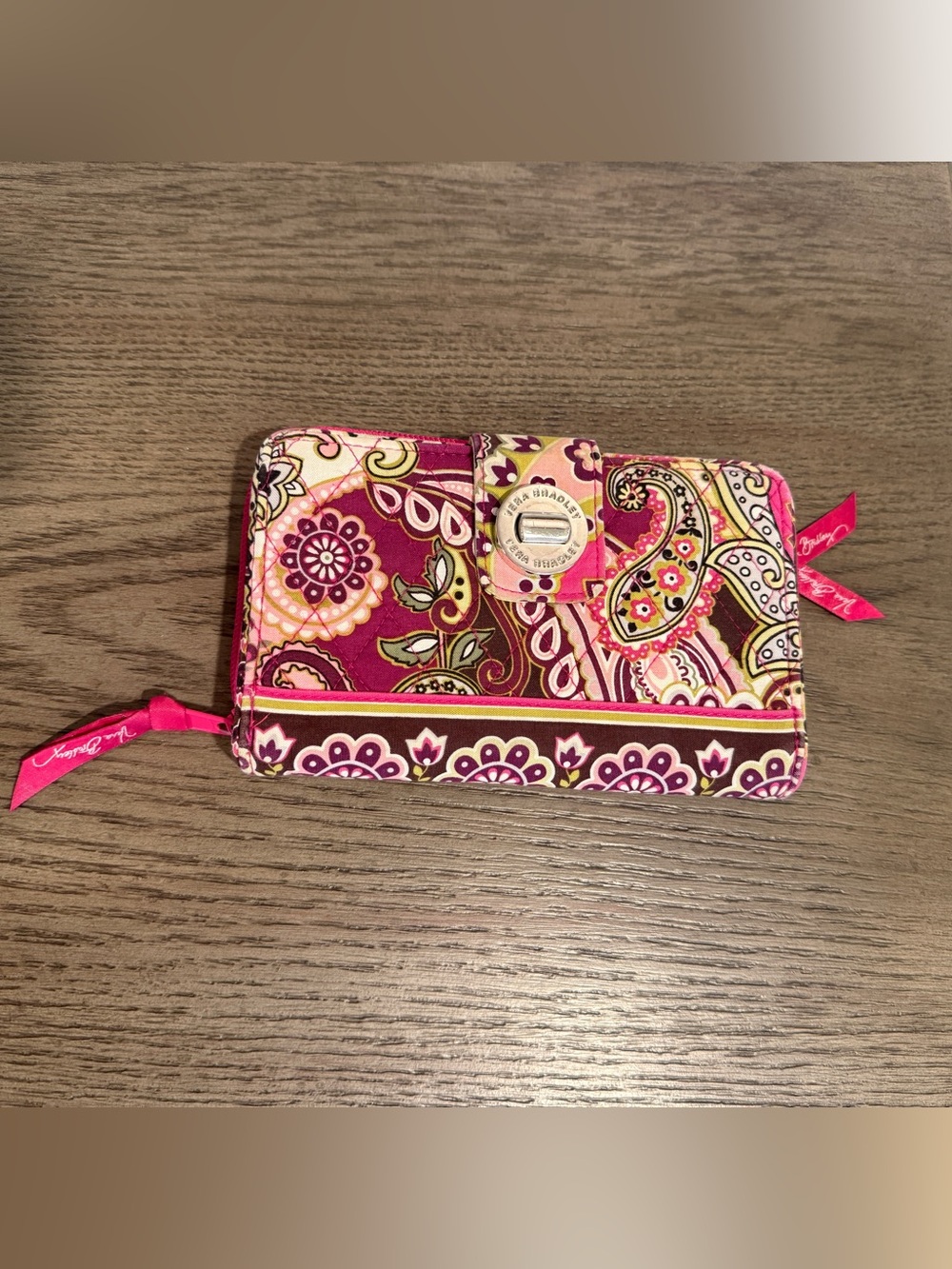 Vera Bradley Quilted Zip-Around  Wallet with Turnlock Closure, Pink Paisley